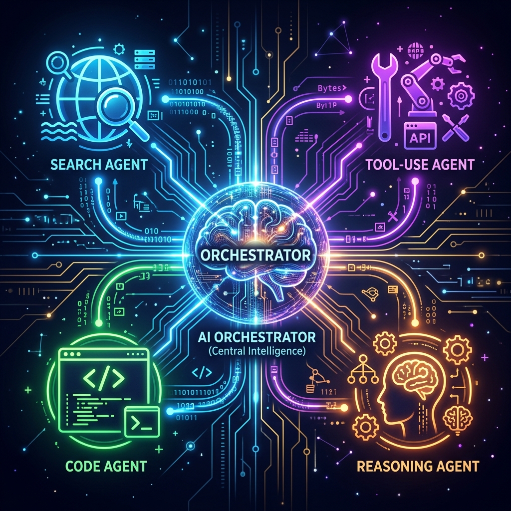 AI orchestrator coordinating search, code, reasoning, and tool-use agents