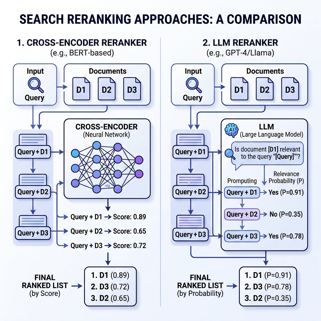 Cross-encoder vs LLM reranker comparison showing scoring approaches