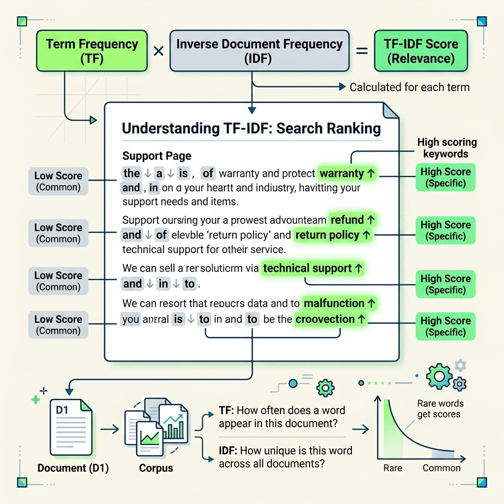 TF-IDF scoring showing how rare terms get higher relevance scores