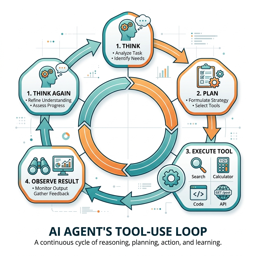 AI agent tool-use loop: Think, Plan, Execute, Observe, Think Again
