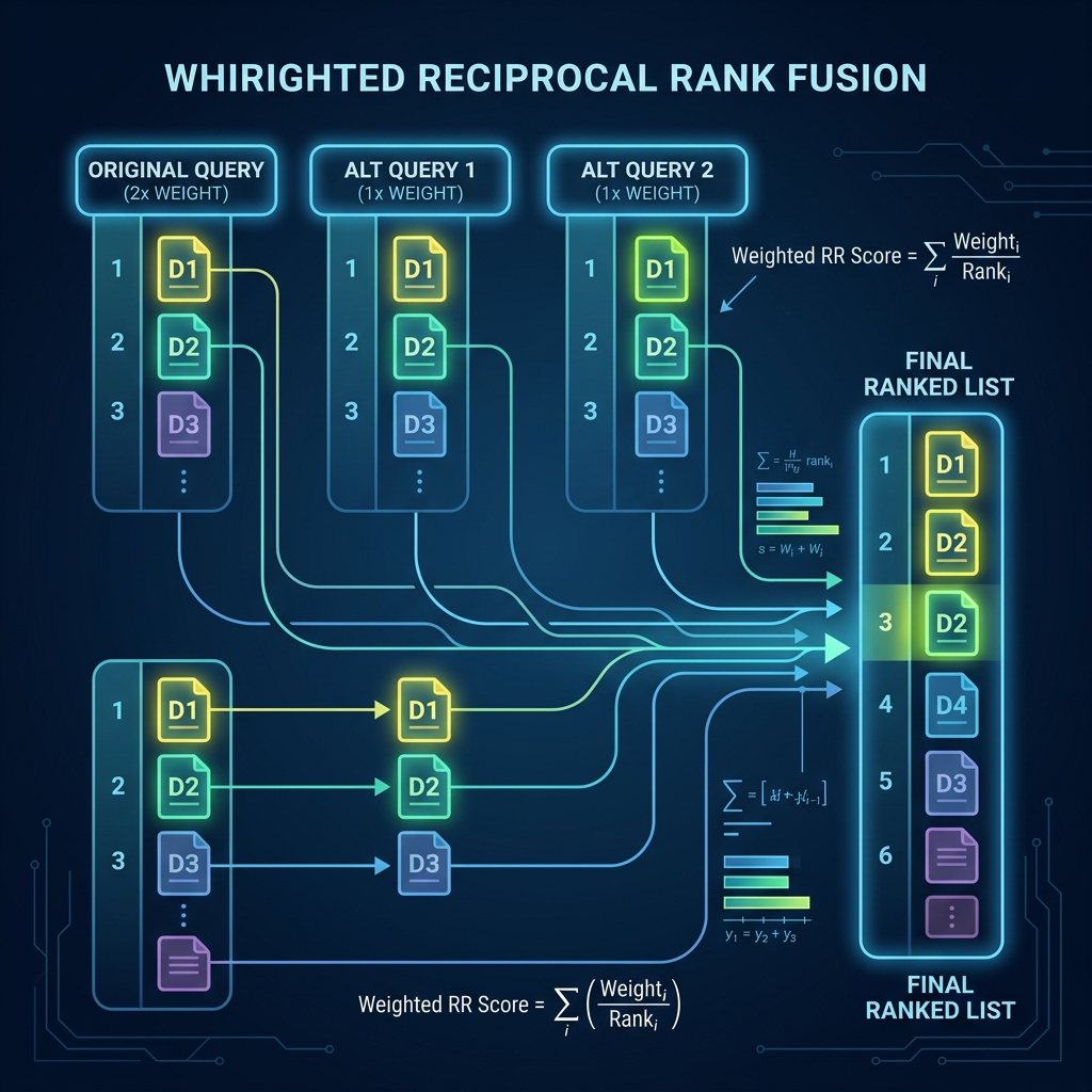 Weighted Reciprocal Rank Fusion merging results from multiple queries