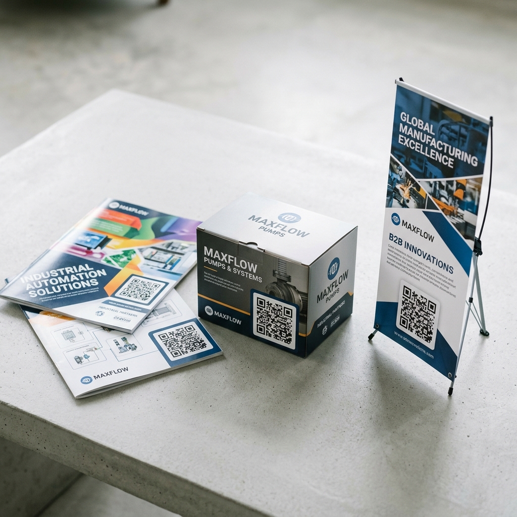 VoxQR codes placed on a brochure, product box, and display