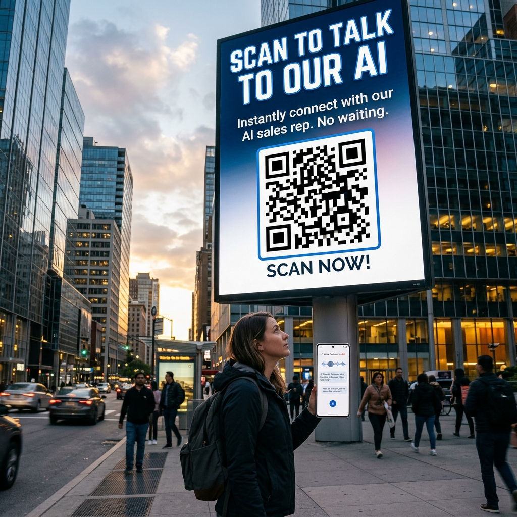 Billboard with QR code — person scanning and talking to AI