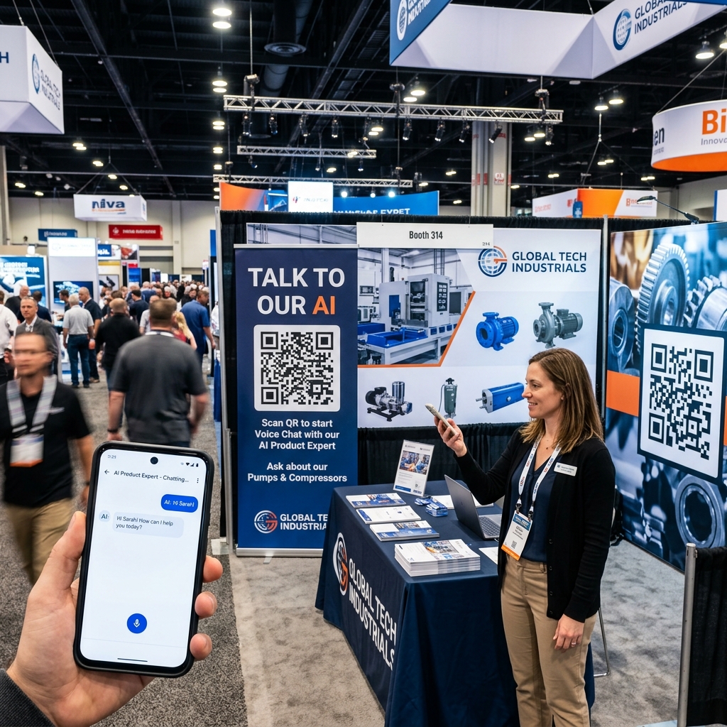 Trade show booth with QR code — visitor chatting with AI