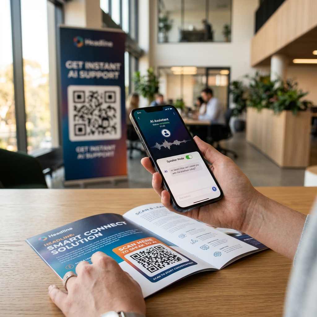 Magazine brochure with QR code — speakerphone AI conversation