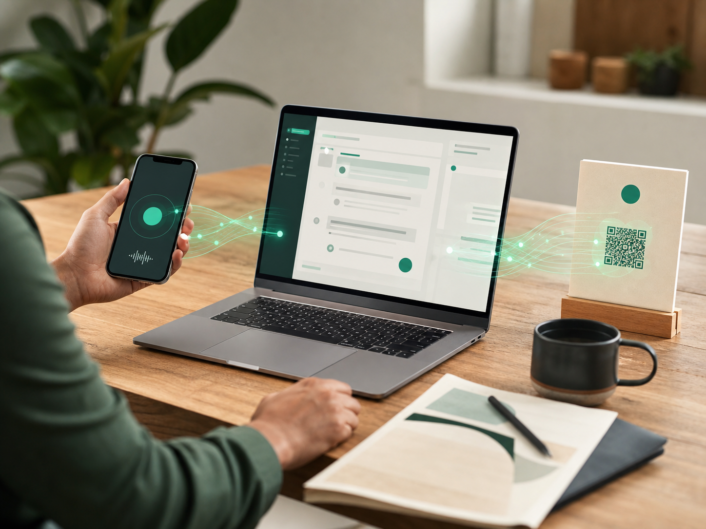 A green themed VoxBolt AI assistant connecting business knowledge to customer conversations