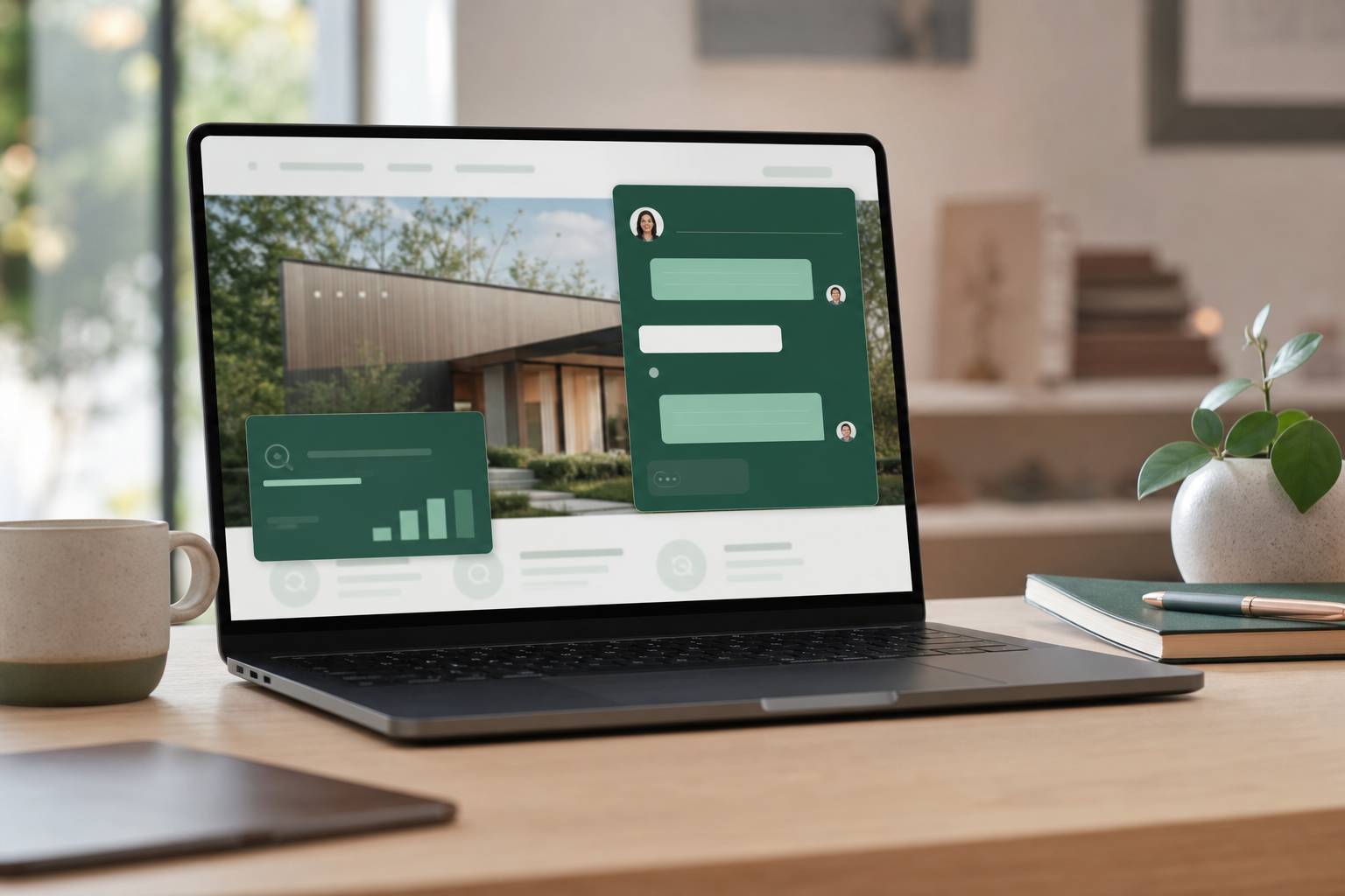 A business website with an emerald green AI assistant conversation